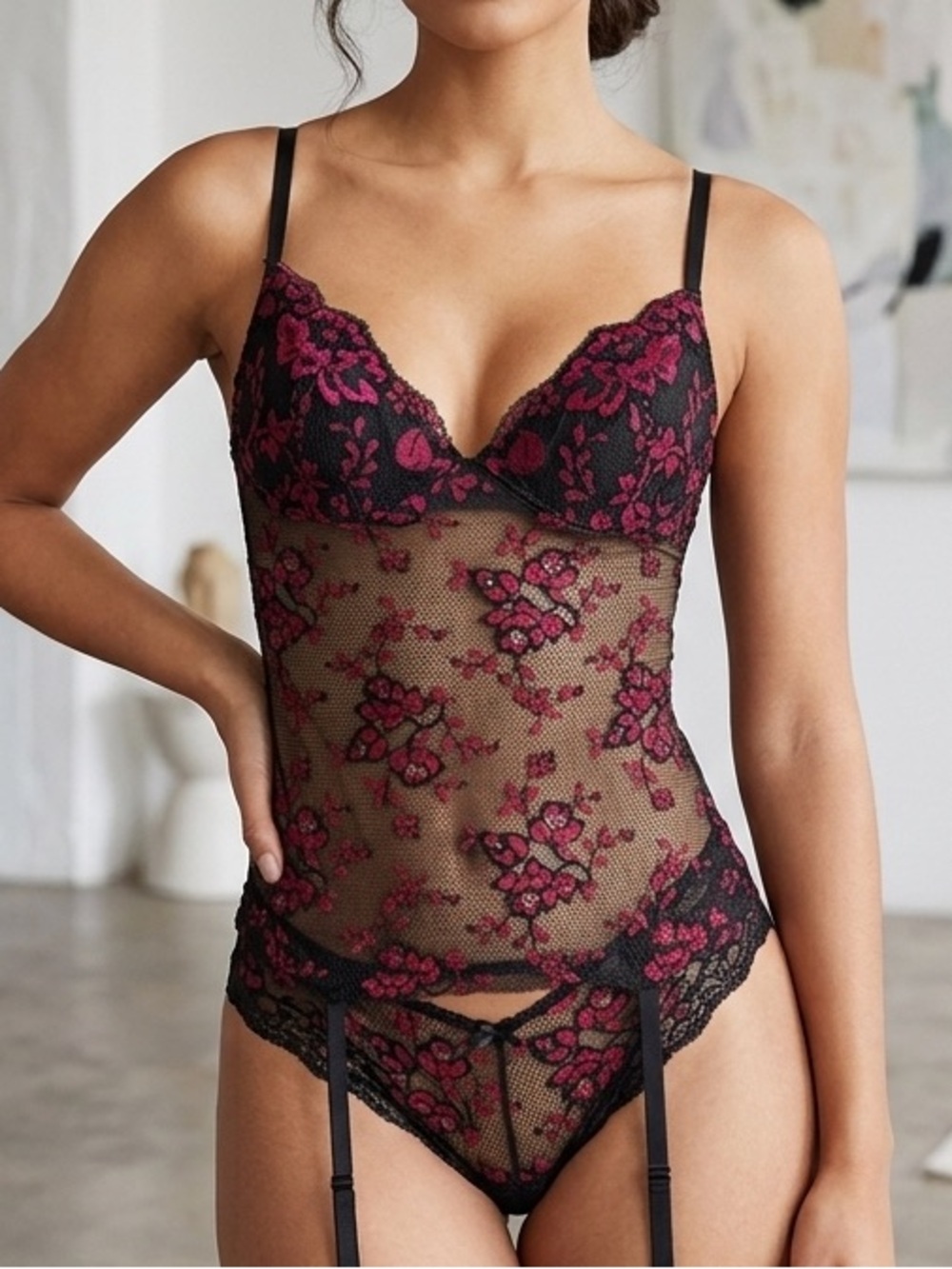 New La Perla Black and Red Lace corset with removable garters. Only Corset